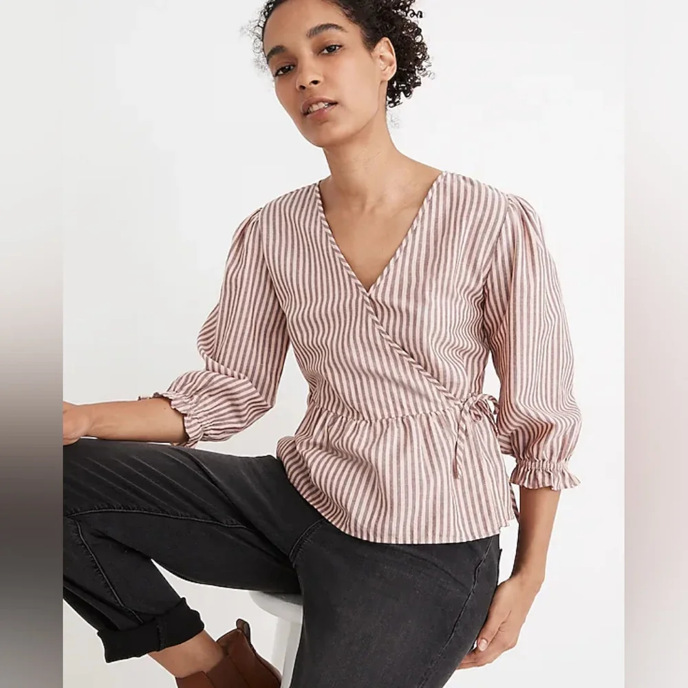 Madewell Puff-Sleeve Peplum Wrap Top in Stripe‎ in Sweet Tulip